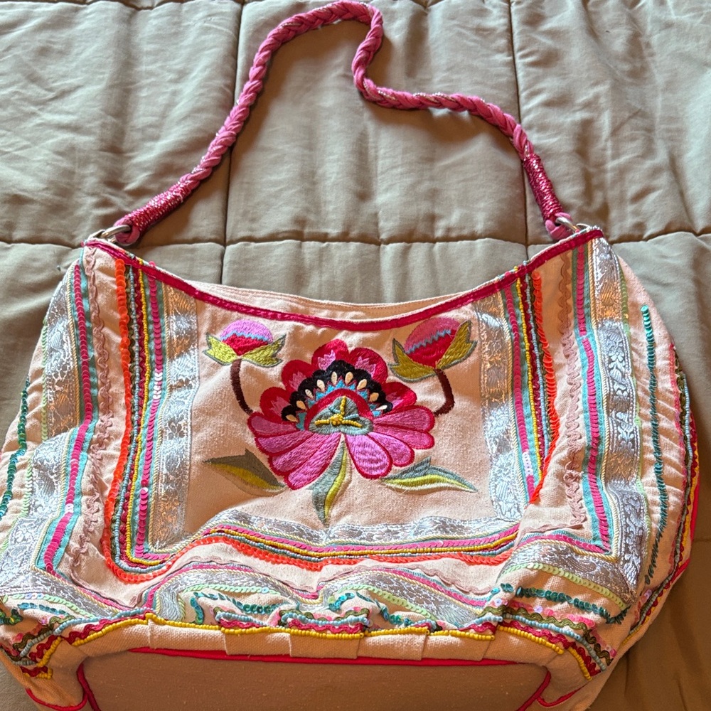 Aldo Pink and Cream Floral Embroidered Shoulder Bag